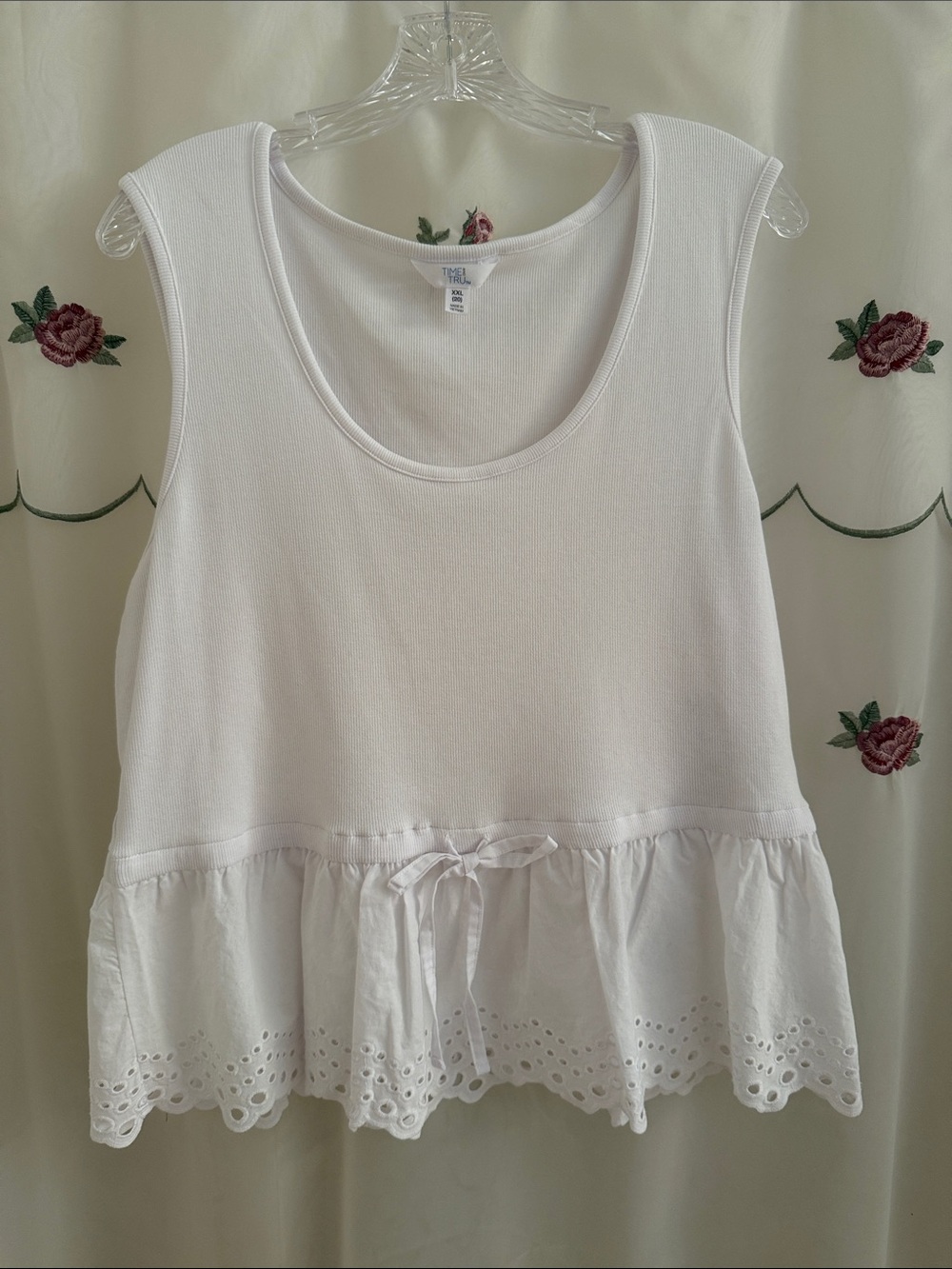 Time and Tru White Eyelet Peplum Tie Tank Top